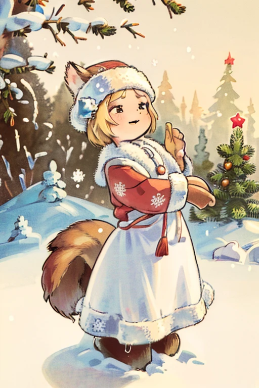  New Year's card in Zarubin's style, lots of fine detail,  trend intricate details ,  high quality,  masterpiece ,  high-quality textures ;  mandatory characters :  snow maiden , Christmas tree, squirrel;  free interaction , free poses ,  free location in the image