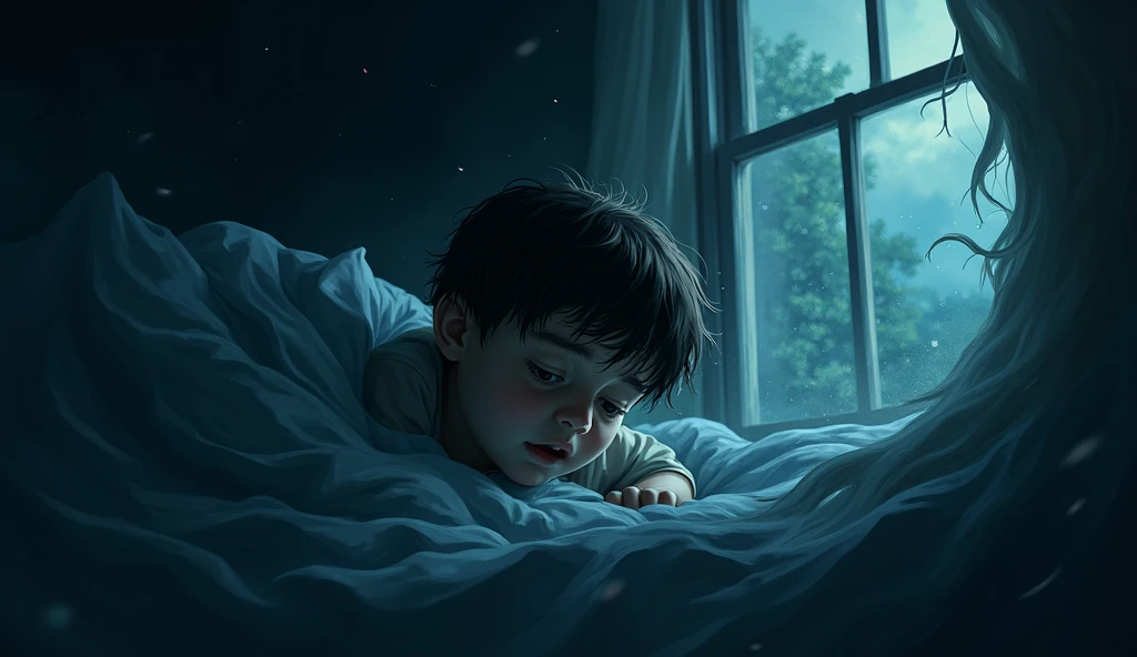 Sleeping boy dreaming about his love of life in bed while dark clouds and rain outside his window