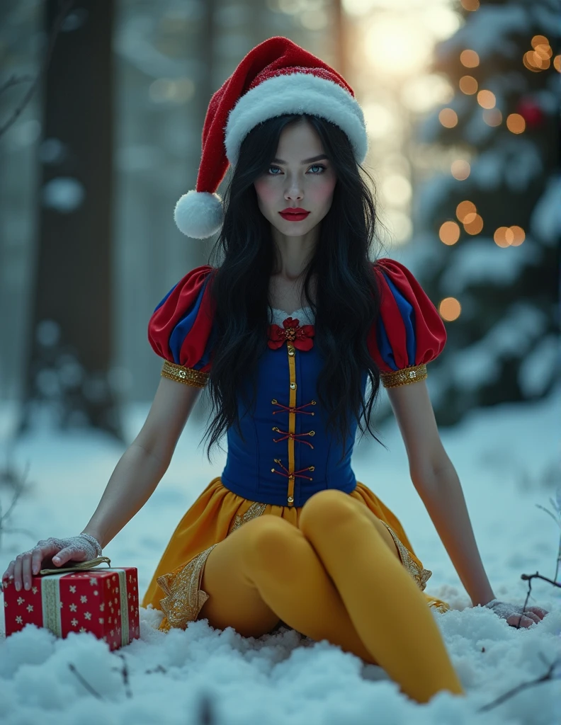 masterpiece, highest quality, high quality photo 8k, cinematic lighting, deep shadow, 1 girl, german girl as snow white sitting on here lnees in the winter forest, beautiful face, snow white pale skin, red lipstick, bright blue eyes, fearless smile, smooth and soft skin,( extremely skinny anorexic body:2.2), slender slim tall body, ((extremely long skinny legs:1.9)), ((Long black shiny hair with a red and white santa hat on here head )), holding a red and white christmas present, looking at the camera, (standing in the dark enchanted winter forest with lots of snow and various wild animals around her), (morning lighting with bautiful sunlight through the whinter forest), (a lit christmas tree in the background), model posing, front view, ((cowboy photo)), (snow white dress in blue color with red details on the puffed sleeves and short yellow mini skirt), santa hat on here head, (Long yellow silk stockings),( red platform high heels), (20 inch platform high heels), intense lighting, ((Morning: 1.5)), behind here is a dark black scary evil looking santa with horns,