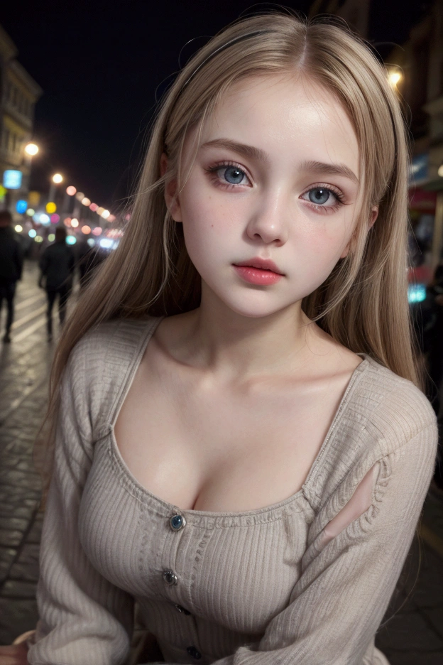 (selfie, top view: 1.4), (straight half of the body: 1.4), RAW UHD portrait photo of a 24-year-old blonde (blue-eyed woman) walking down a dark alley, large breasts,, city at night, (skirt), (neckline), details (textures! , hair! , glitter, color!! , disadvantages: 1.1), glossy eyes with high detail (looking at the camera), SLR lighting, SLR camera, ultra-quality, sharpness, depth of field, film grain (center), Fujifilm XT3, crystal clear, frame center, beautiful face, sharp focus, street lamp, neon lighting, bokeh (dimly lit), night, (night sky), detailed skin pores, oily skin, sunburn, complex eye details, full body, large breasts