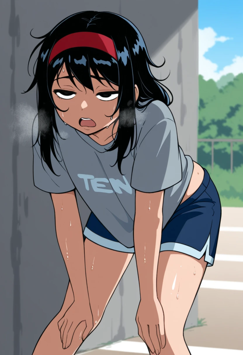 KPYoriGirl, score_9, 1girl, solo, outdoors, in school, oversized gray tshirt, blue shorts, bending over pose, tired, half body, sweaty, out of breath, dripping sweat, wet with sweat, open mouth, hands on knees soaked with sweat on shirt, messy hair, red headband, half open eyes