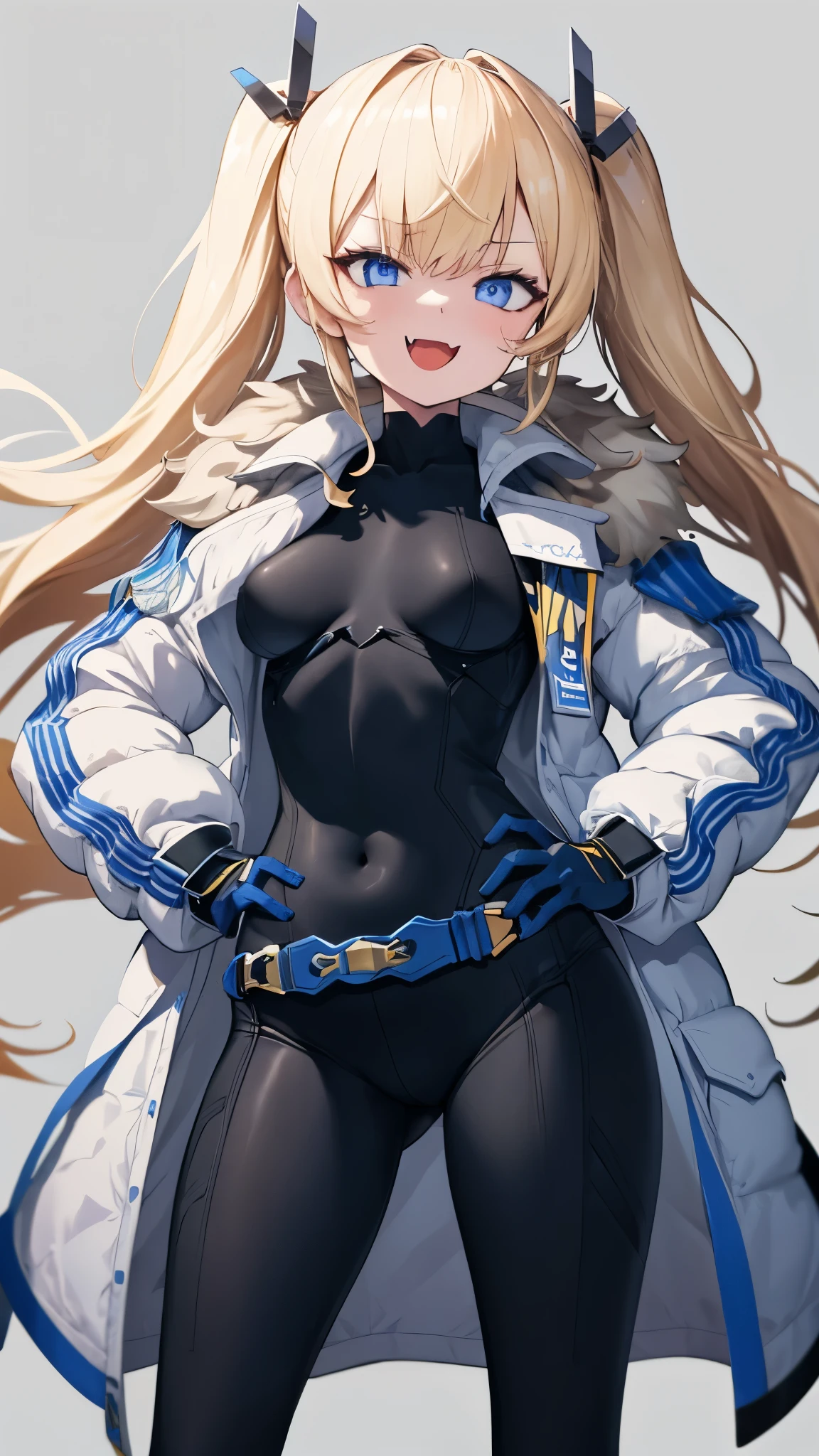 1petite_girl,masterpiece, highest quality,laplace,hair ornament, belt,white_front_open_coat_on_black_bodysuit,fur trim, gloves, blue boots,(upper body),open mouth,(put hands_on_hips),(Standing_in_honor),big_Smile, smug_face, laugh,open_mouth,fang, bandage_on_cheek,:3 ,navel,groin,