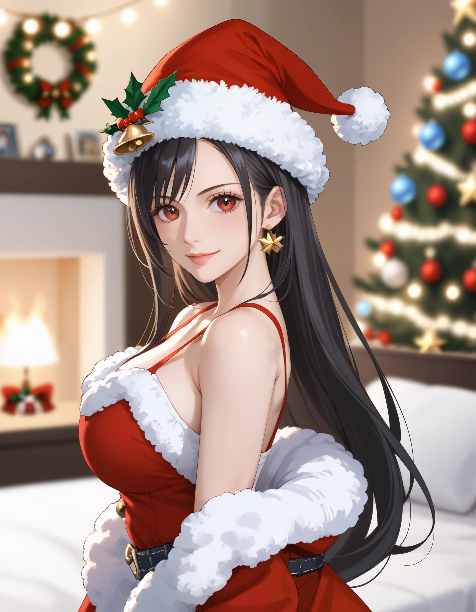 defTif, red eyes, black hair, low-tied long hair, earrings, large breasts, one piece, photorealistic, detailed coloring, anime style, detailed high quality, chromatic aberrations, ultra detailed quality skin, detailed ray tracing lighting, masterpiece、 best quality、masterpiece,  high definition , 8K quality,  perfect face, solo, 1 girl, beautiful face, beautiful detailed eyes, Alone,  cute face、艶のある唇, confident smile, red cheek,  スレンダー, looking at viewer,  hair slicked back, collarbone, Staring at the viewer, (santa hat, Christmas costume, camisole), ass line, standing, model pose, beside red bed, dynamic angle, cowboy shot, sensual expression, blurry background, covered nipples, festive decorations, twinkling lights, decorated Christmas tree, cozy indoor setting, warm color tones,