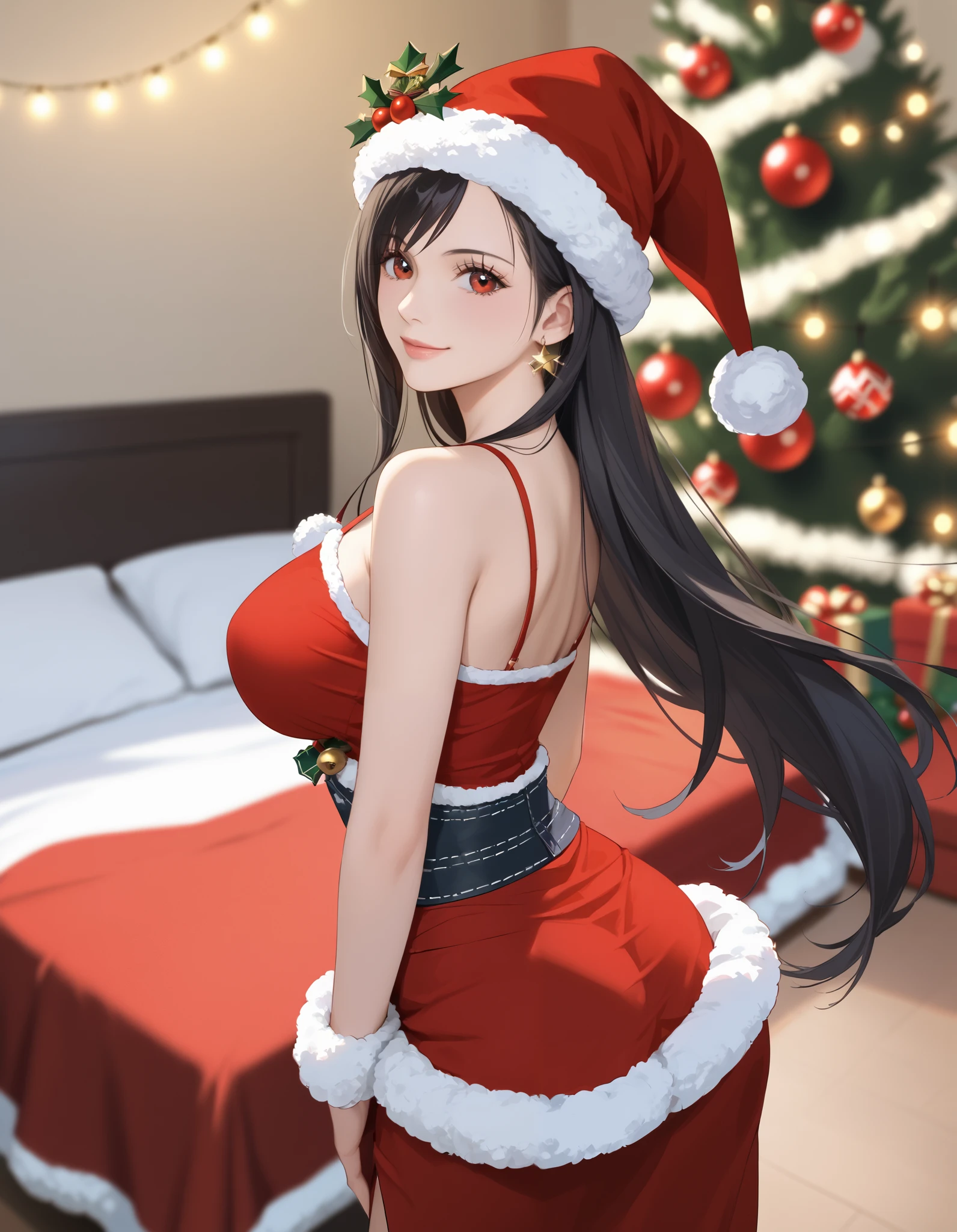 defTif, red eyes, black hair, low-tied long hair, earrings, large breasts, one piece, photorealistic, detailed coloring, anime style, detailed high quality, chromatic aberrations, ultra detailed quality skin, detailed ray tracing lighting, masterpiece、 best quality、masterpiece,  high definition , 8K quality,  perfect face, solo, 1 girl, beautiful face, beautiful detailed eyes, Alone,  cute face、艶のある唇, confident smile, red cheek,  スレンダー, looking at viewer,  hair slicked back, collarbone, Staring at the viewer, (santa hat, Christmas costume, camisole), ass line, standing, model pose, beside red bed, dynamic angle, cowboy shot, sensual expression, blurry background, covered nipples, festive decorations, twinkling lights, decorated Christmas tree, cozy indoor setting, warm color tones,