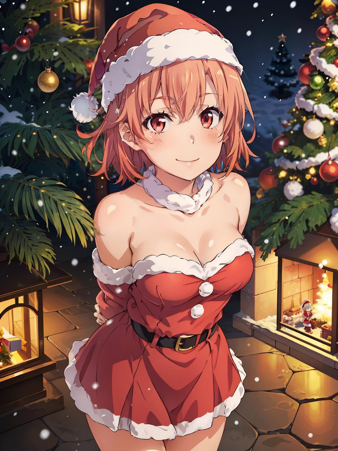 (( top quality,  high definition ,   perfect pixel,  4K)),  ( beautiful anime girls),  depth of field、
 watching viewers , 
 perfect body, 

yuigahama yui, short hair, 

santa_outfit,
wearing cap,
christmas tree,
snow、winter、night、

(smile、blush)、
( lean forward 、arms behind back)、 from above、