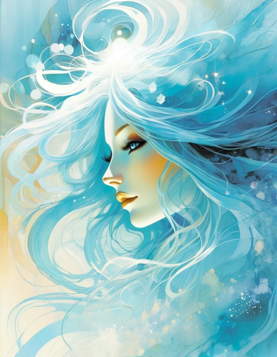 Vivid pastel watercolor digital concept art, style mix. Golden eyes black light blue witch with super long flowing white hair anime girl drawing. Winter background, emphasizing the snow-like texture, creating a natural atmosphere. Transparency and fluidity, painting using light blue, transparency as if you were in water or air. Colors reminiscent of water and sky. Softness and lightness, colors that are easy on the eyes. The whole painting has a light and fluffy impression. Soft tones that are easy on the eyes. Gives the viewer a sense of relaxation. Unique shades and color usage that skillfully mixes light blue colors with other colors. Creates depth and dimension to the illustration. Unique contrast of light blue combination, adding transparency and depth. Using gradients to naturally mix light blue colors to create smooth tones. Expresses natural shadows and light reflections. Background color is light blue color series, highlighting other colors and elements. It maintains harmony with other colors and overall balance. Utilizing a unique brush technique, he effectively uses light blue colors. He creates movement and energy in the illustration, and uses delicate brushstrokes to express the flow of wind and the reflection of light, drawing the viewer in. The colors are layered using multiple layers, creating realistic texture and depth.  art inspired by Bill Sienkiewicz and Dave McKean