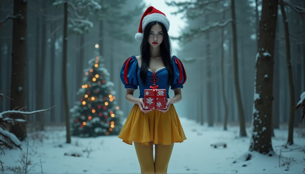 masterpiece, highest quality, high quality photo 8k, cinematic lighting, deep shadow, 1 girl, german girl as snow white sitting on here lnees in the winter forest, beautiful face, snow white pale skin, red lipstick, bright blue eyes, fearless smile, smooth and soft skin,( extremely skinny anorexic body:2.2), slender slim tall body, ((extremely long skinny legs:1.9)), ((Long black shiny hair with a red and white santa hat on here head )), holding a red and white christmas present, looking at the camera, (standing in the dark enchanted winter forest with lots of snow and various wild animals around her), (morning lighting with bautiful sunlight through the whinter forest), (a lit christmas tree in the background), model posing, front view, ((cowboy photo)), (snow white dress in blue color with red details on the puffed sleeves and short yellow mini skirt), santa hat on here head, (Long yellow silk stockings),( red platform high heels), (20 inch platform high heels), intense lighting, ((Morning: 1.5)), behind here is a dark black scary evil looking santa with horns,