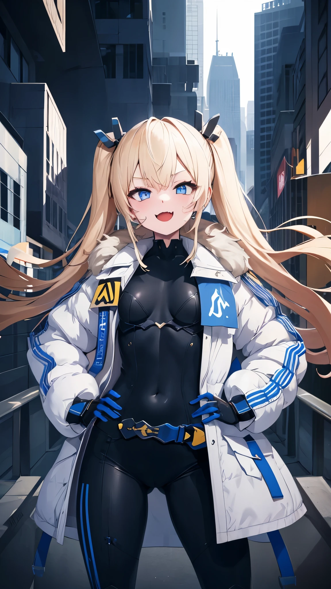 1petite_girl,masterpiece, young_teen,highest quality,laplace,hair ornament, belt,white_front_open_coat_on_black_bodysuit,fur trim, gloves, blue boots,(upper body),open mouth,(put hands_on_hips),(Standing_in_honor),big_Smile,happy, smug_face, laugh,open_mouth,fang, bandage_on_cheek,:3 ,navel,groin, futuristic_cityscape_background