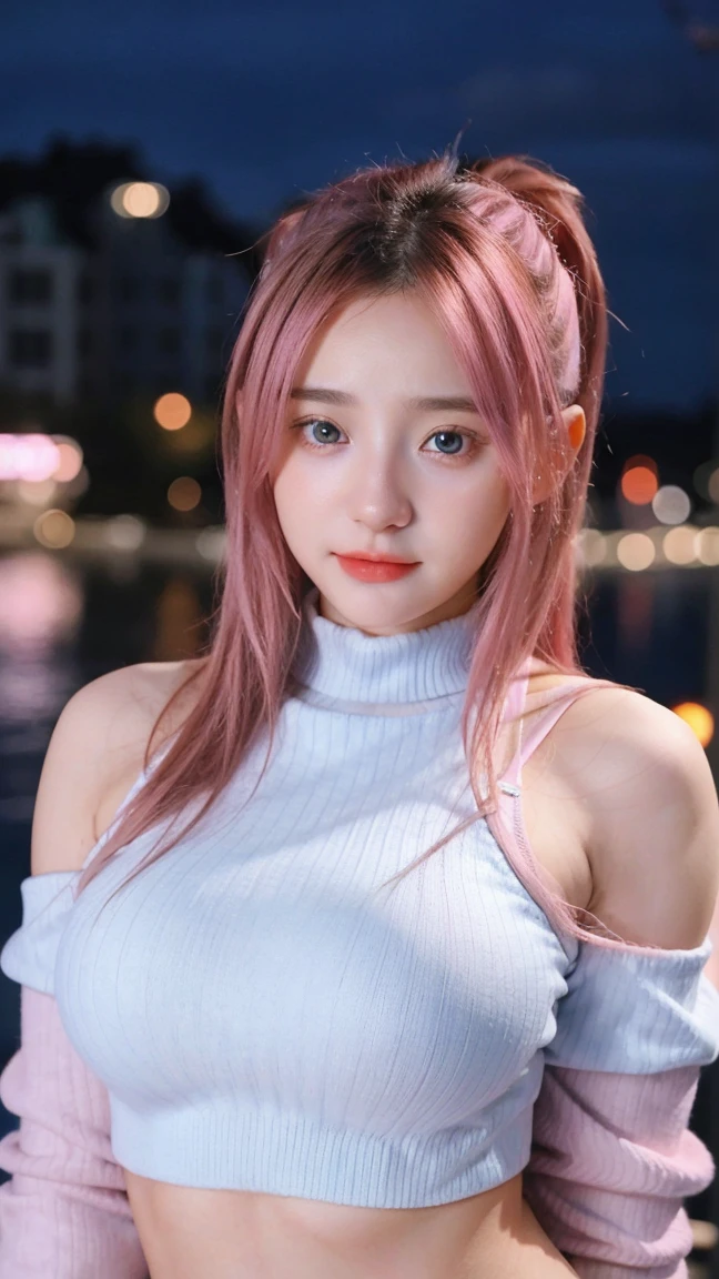 Gorgeus Girl, Beautiful, Baby Face, 20 Years Old, White Skin, Cleavage, Colossal Breasts, Side Pose, Outfit Straps, Crop Turtleneck Top, Mini Shirt, Blue Eye, Muscles, Bokeh, Modern Place Background, Masterpiece, Fullbody Shot, Straight Pink Hair