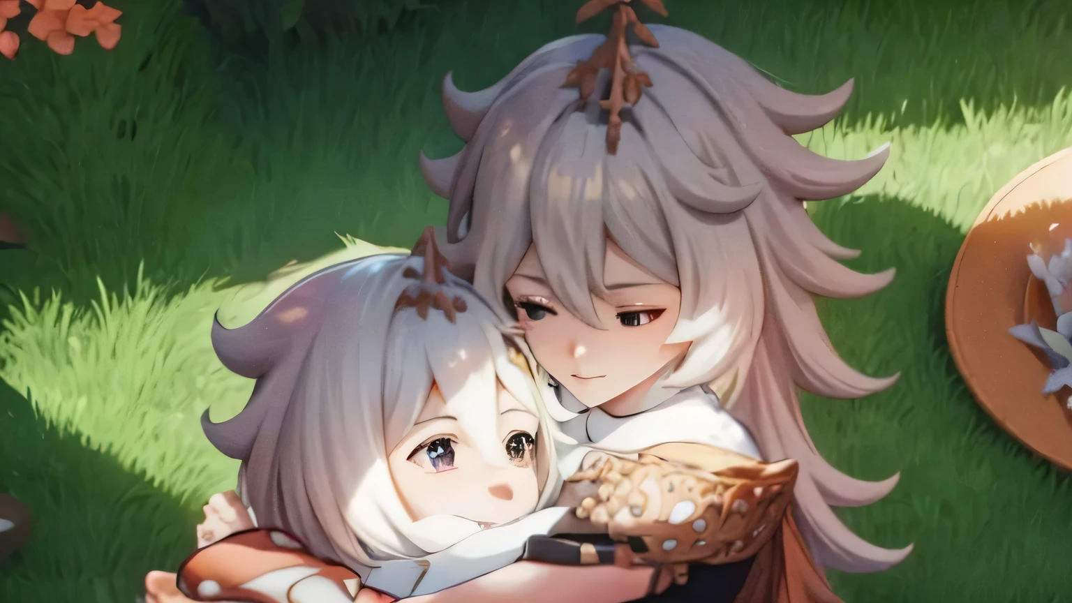 A fairy girl silver hair, hugging her male companion blonde hair.