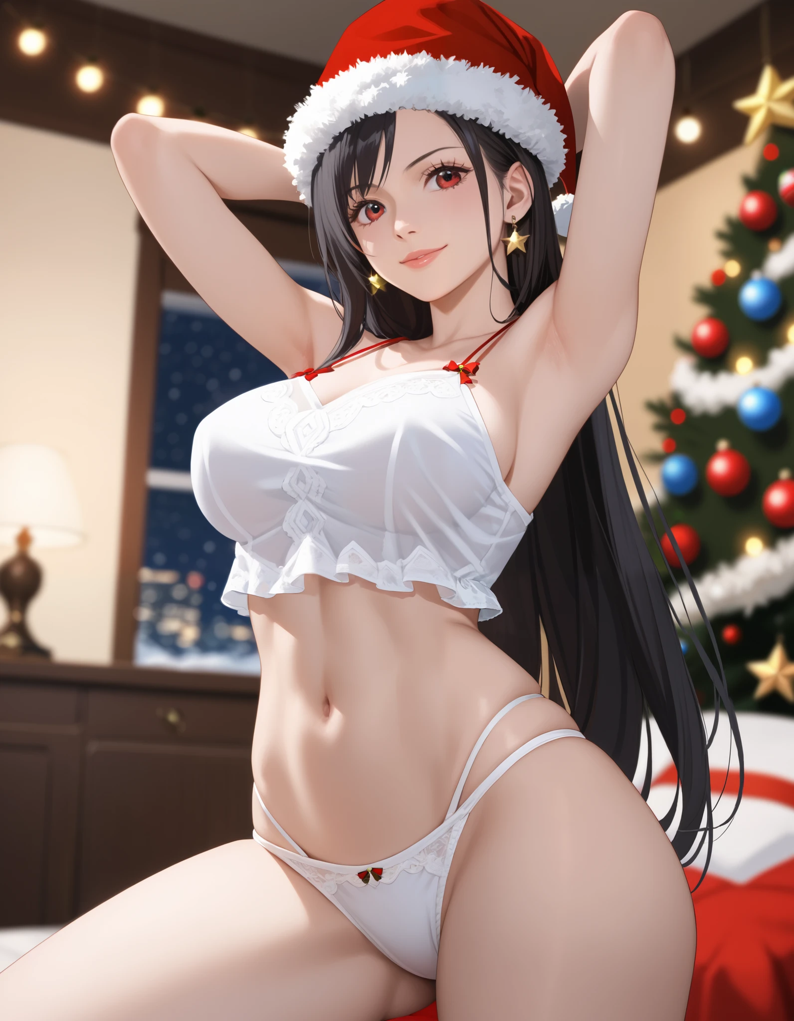 defTif, red eyes, black hair, low-tied long hair, earrings, (large breasts:1.2), one piece, photorealistic, detailed coloring, anime style, detailed high quality, chromatic aberrations, ultra detailed quality skin, detailed ray tracing lighting, masterpiece、 best quality、masterpiece,  high definition , 8K quality,  perfect face, solo, 1 girl, beautiful face, beautiful detailed eyes, Alone,  cute face、艶のある唇, confident smile, red cheek,  スレンダー, looking at viewer,  hair slicked back, collarbone, Staring at the viewer, (santa hat, Christmas costume, camisole, ganimata, Standing with spread legs pose), panties, from below, ass line, standing, spread legs, arms behind head, model pose, beside red bed, dynamic angle, cowboy shot, sensual expression, blurry background, covered nipples, festive decorations, twinkling lights, decorated Christmas tree, cozy indoor setting, warm color tones,