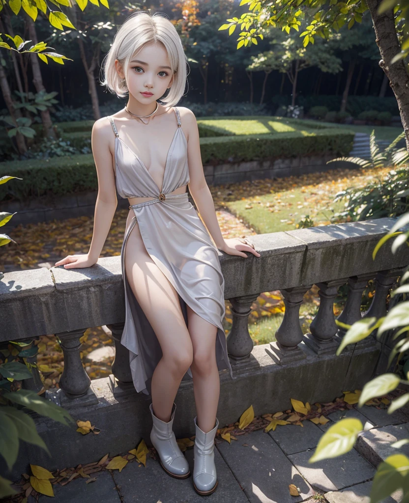 highest quality、8k Masterpiece、超A high resolution、(Photorealistic:1.3)、RAW Photos、1 girl、Silvery white hair、Glowing Skin、1. Super-beautiful Cyberpunk Soldiers、((Ultra-Realistic Details))、Portrait、Global Illumination、Shadow、Octane Rendering、8k、Super sharp、Beautiful breastetal、Cold colors、、Very intricate details、Realistic Light、CGSoation Trend、Beautiful Eyes、Shining Eyes、To the camera、Neon Details、20age、Very Short Hair、Too beautiful face、Intelligence、Obscene、wide shot、full body、Silver charm on the ankle、sexy、smile、Healthy Body、dress、sexy、Sexy、Small devil、Mean