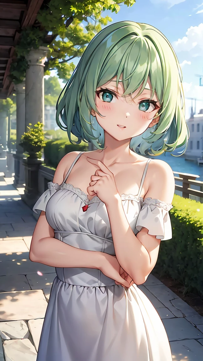 (masterpiece, official art), 1girl, solo, white hair, green eyes, (youmu konpaku:1.2), (dress), (closeup), portrait, (medium breasts), standing, view from front, countryside, at night, dark, moonlight, looking at viewer, (upper body), smile, seductive, alluring attire, slim, slender