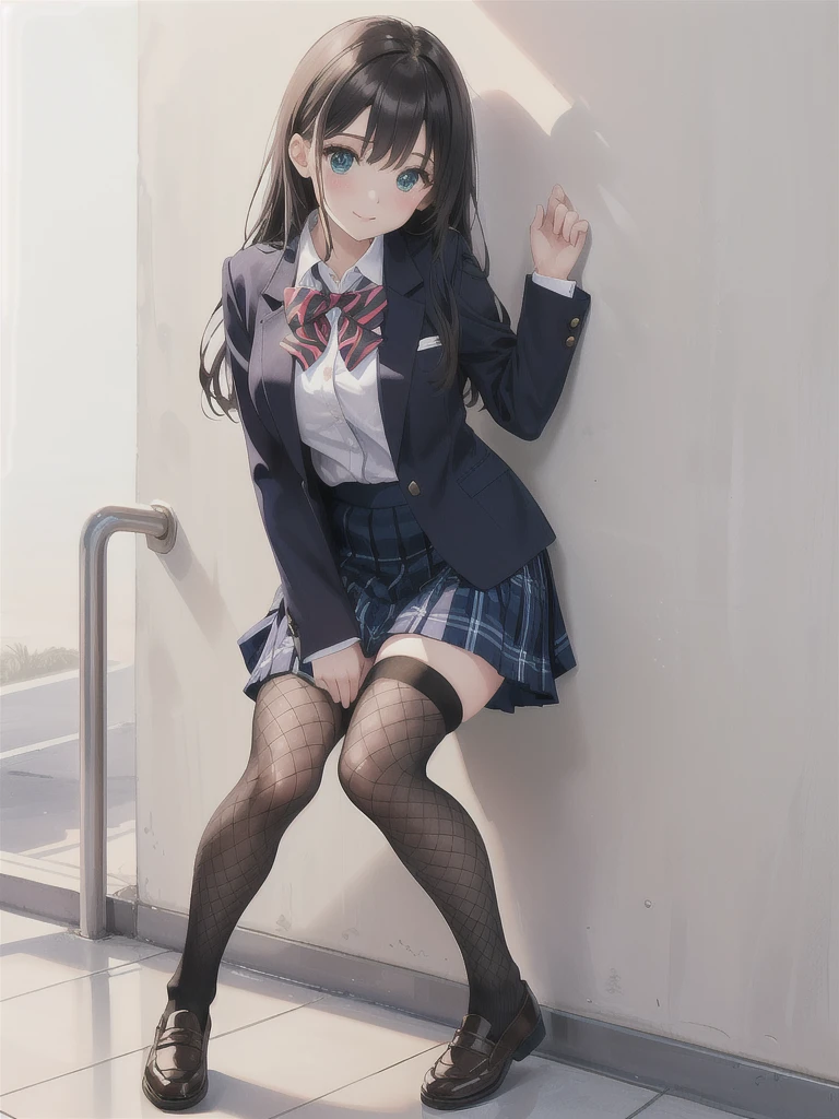 arafed woman in a skirt and sweater leaning against a wall, of a schoolgirl posing, thighhighs and skirt, wearing skirt and high socks, outfit photo, wearing skirt, dressed as schoolgirl, wearing school uniform, full body picture, cute schoolgirl, fishnets and a mini tartan skirt, wearing a school uniform, full body! pretty face