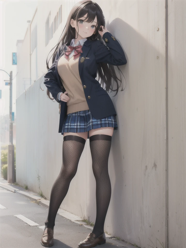 arafed woman in a skirt and sweater leaning against a wall, of a schoolgirl posing, thighhighs and skirt, wearing skirt and high socks, outfit photo, wearing skirt, dressed as schoolgirl, wearing school uniform, full body picture, cute schoolgirl, fishnets and a mini tartan skirt, wearing a school uniform, full body! pretty face