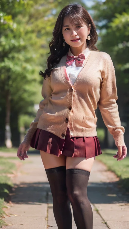 full body shot, from below,  japanese mature, 58 years old,  detailed face , smile, Facial wrinkles, Wrinkles around the eyes,  Detailed Skin Textures ,  white skin,  heavy makeup, (curvy body:1.3), (earrings, earrings, red bowtie,brown cardigan,red skirt,pleated skirt,micro miniskirt:1.2), (black thighhighs,  wearing high heels:1.2), ( full body shot from toe to head wearing black high heels,  standing in the park:1.2), ( surrealism, best quality, ultra detailed, absolutely resolution, 8k, anatomically correct), depth of field, looking at viewer, (TI:1.2),  detailed face , full body, A mature woman is cosplaying