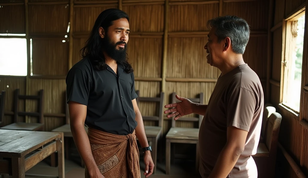 ((ultra-realistic photo)) [A 30-year-old man with a long black beard, wearing a black shirt and a brown batik sarong, stands while engaging in a calm discussion with a 50-year-old man dressed in a brown T-shirt. The younger man’s expression is neutral and composed, while the older man appears warm and friendly, gesturing with his hands as they converse. The scene takes place in a modest living room, with simple wooden furniture, an old wooden table, and mismatched chairs that reflect the humble lifestyle of the inhabitants. The walls are woven bamboo, typical of rural Indonesian homes. It’s late afternoon, and the room is dimly lit by the soft glow of natural light coming through a small window, casting long shadows and highlighting the textures of the bamboo walls and furniture. The lighting creates a warm yet realistic atmosphere, with a natural, balanced contrast. Captured in 8K resolution, the textures of the clothing, the bamboo walls, and the overall rustic setting are vividly detailed, emphasizing the simplicity of their conversation.]