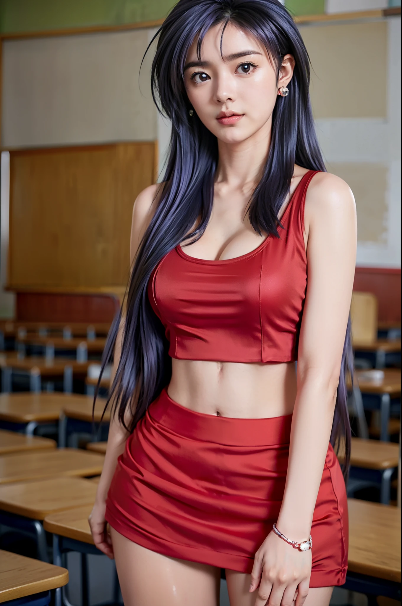 ((full body:1.4)),((red jacket:1.4)), ((Tank top:1.4,miniskirt:1.4)),((RAW shooting,Photoreal, 32K, best quality ,masterpiece, Ultra high resolution , perfect dynamic configuration , highly detailed skin and face texture with two hands , perfect face without magic circle ,bright skin, shiny skin , Oily skin ,((large breasts:1.4,cleavage)),(Mio Serizawa ,1female,earring), ( purple hair , long hair,bangs,yellow eyes),((In the middle of the classroom, a Korean high school student wearing a ))
