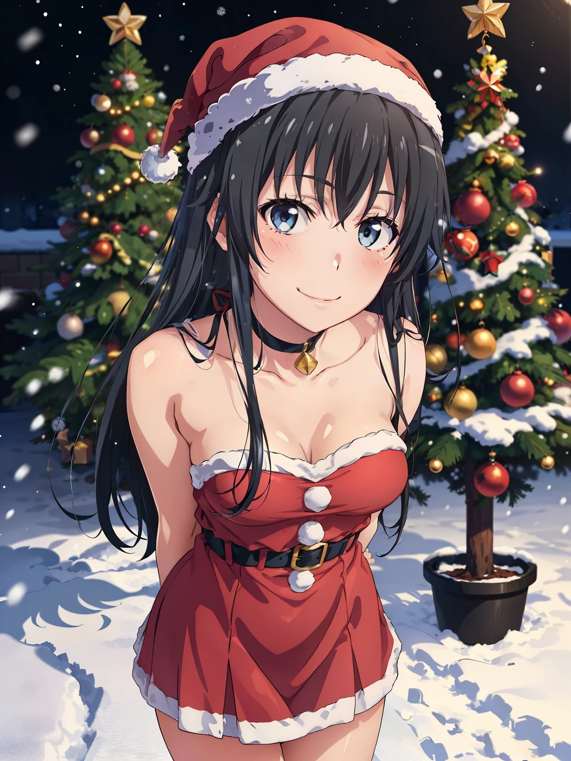 (( top quality,  high definition ,   perfect pixel,  4K)),  ( beautiful anime girls),  depth of field、
 watching viewers , 
 perfect body, 

Yukinoshita Yukino,  black hair、

santa_outfit,
wearing cap,
christmas tree,
snow、winter、night、

(smile、blush)、
( lean forward 、arms behind back)、 from above、