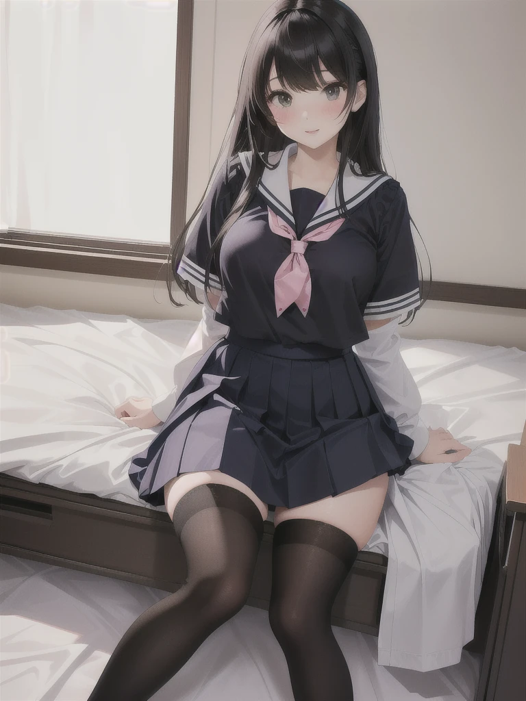 there is a woman sitting on a bed wearing stockings and stockings, thighhighs and skirt, wearing skirt and high socks, of a schoolgirl posing, wearing white tights, full length and white stockings, dressed as schoolgirl, wearing japanese school uniform, cute schoolgirl, 8k)), wearing skirt, a hyperrealistic schoolgirl, exposed thighs!!!, hyperrealistic schoolgirl