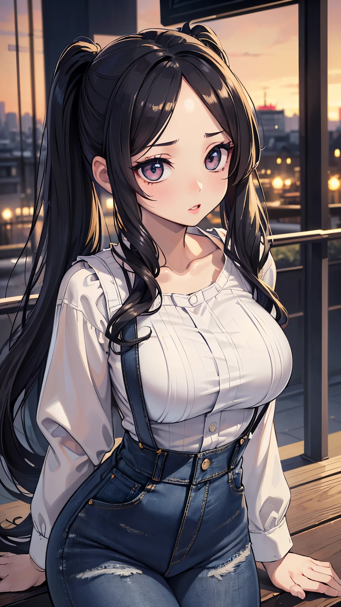 ((Midnight, Best quality, 8k, Masterpiece :1.3)), Whole body, Long legs, Sharp focus :1.2, A pretty woman with perfect figure :1.4, Slender abs :1.1, ((Dark brown hair,Gigantic breasts :1.2)), (White tight tshirt, Jean bib, Standing:1.2), ((Night city view, Rooftop:1.3)), Highly detailed face and skin texture, Detailed eyes, Double eyelid
