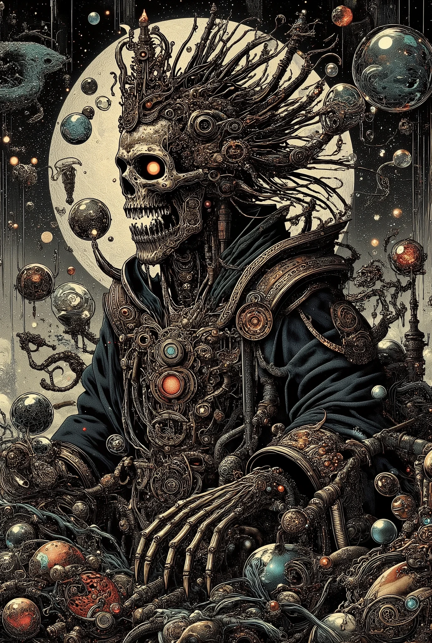 (Ultra-detailed face, Looking away, Fantasy Illustration with Gothic, Dark tone colors. Perspective looking up at the queen's throne.), BREAK  (An opulent, gothic throne tilted at an angle atop a heap of gears, pipes, glass, and LEDs piled high and cluttered. Next to the throne stands a tall, skeletal wizard king, carrying a huge mace in one hand. His eye sockets glow red as he gazes at you. The area is filled with black gas and an eerie atmosphere. The skeletal wizard king wears a tattered crown and a huge, torn and shredded cloak. The cape flutters like a banner in the wind.)