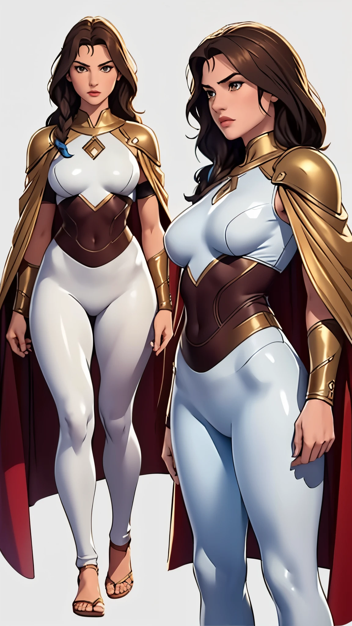 Detailed character sheet, Front view, Side view, Oblique view, with a white returnground, show women, 30 years old, with short dark brown hair combed return, 1 female warrior, Wavy Cape, long flowing hair, Swordsman Style, Light Armor, (Earth-toned long leggings), Slim figure, Toned thighs, Tight round ass, Low angle shot, From below, The seat includes different angles, Front desk etc.., return, and Side views, Model and Reference Sheets, Full body painting. The ratio is based on 7.5 Head Scale.