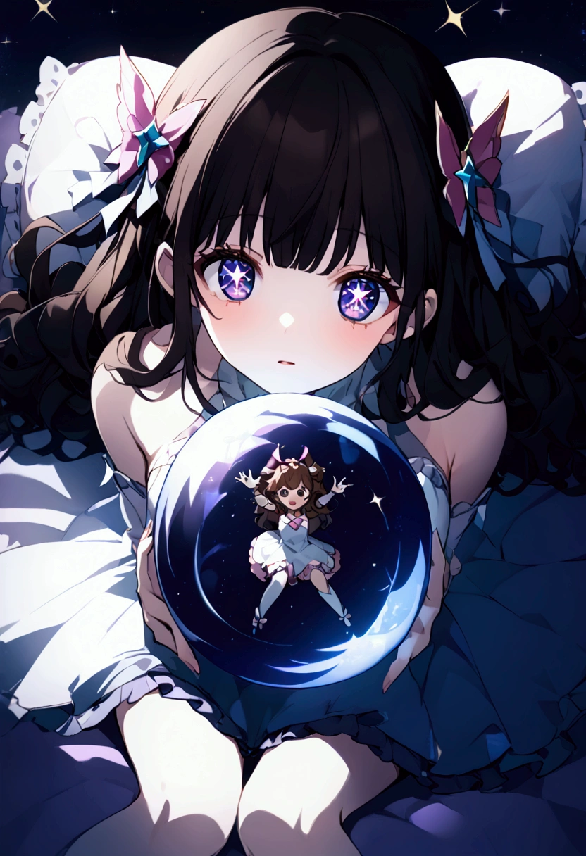 Anime magical girl, both hands holding an orb, surprised expression, top view, top down perspective, brunette girl with curly hair and big breasts sits with her legs stretched out, white, beautiful dress, laying on a bed of pillows, holding an orb surrounded by stars, very beautiful sparkling eyes, close -up shot, perspective shot purple