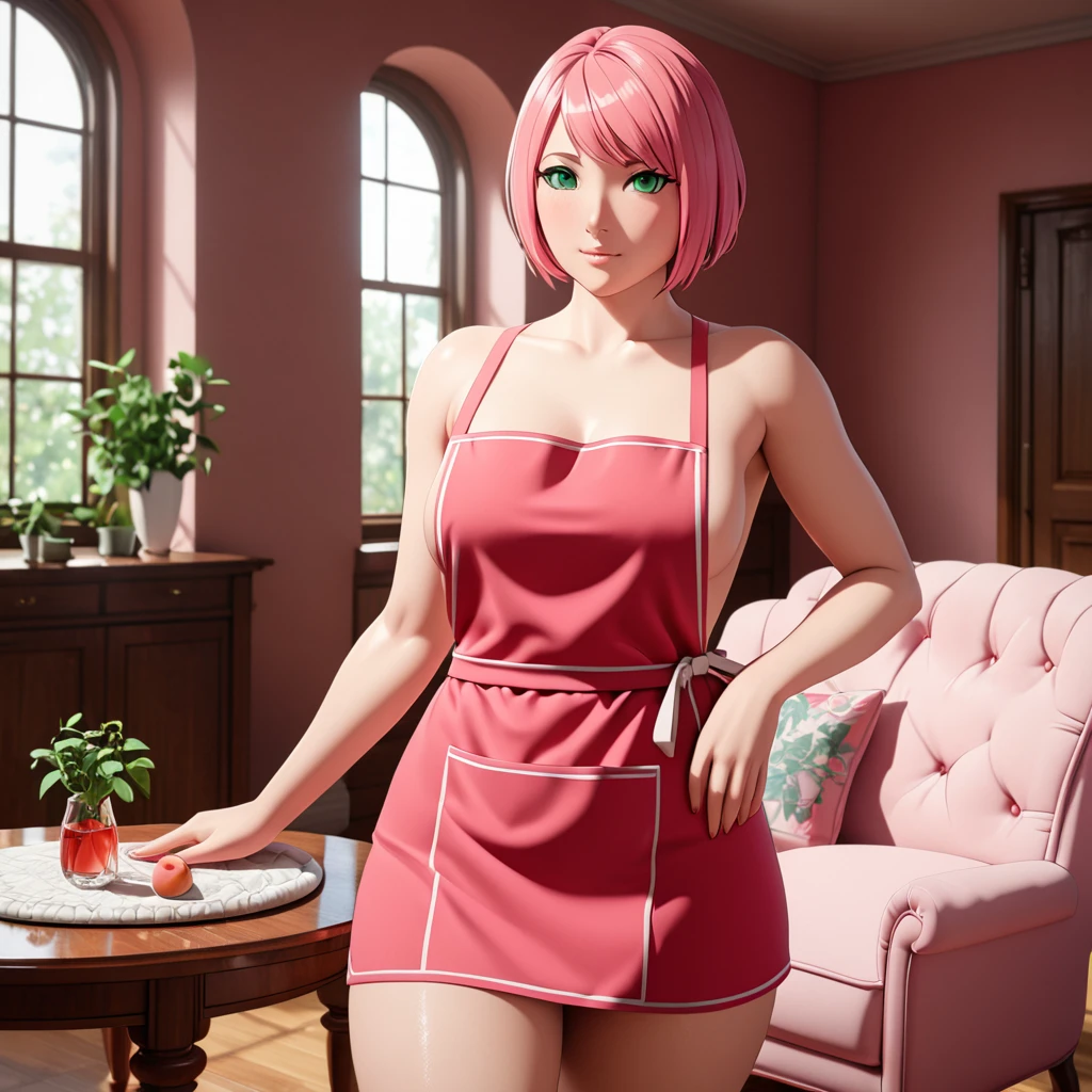 Masterpiece, High Resolution, Anatomically Correct, Best Quality, Super Detailed, Textured Skin, bright pink hair, mint green eyes, fairly curvaceous figure, peach skin, Breasts, Short Hair, Unreal Engine, red naked apron,  Living room