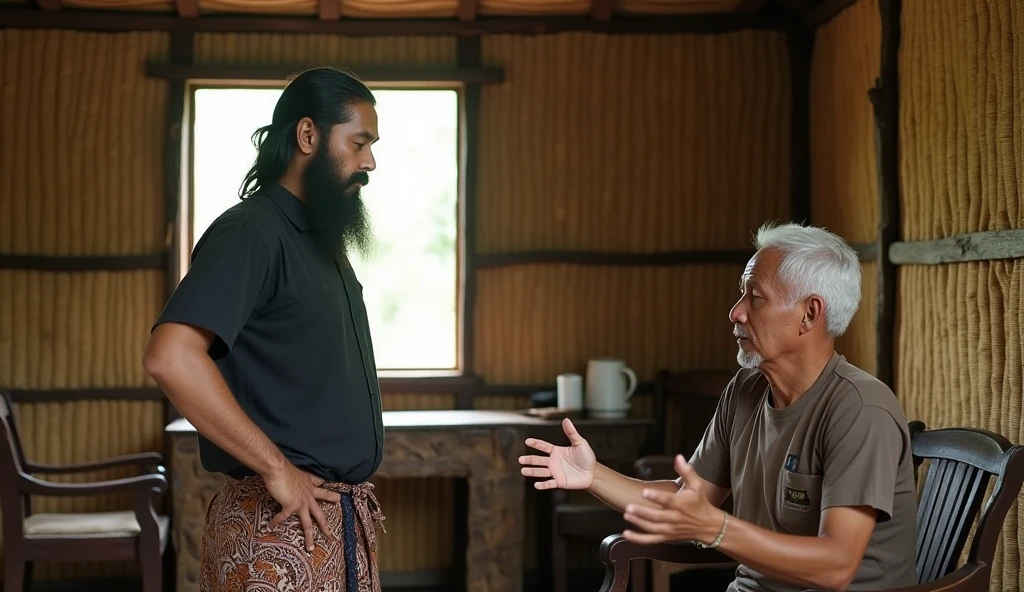 ((ultra-realistic photo)) [A 30-year-old man with a long black beard, wearing a black shirt and a brown batik sarong, stands in front of a 50-year-old man with white hair, dressed in a brown T-shirt. The younger man’s expression is intimidating, with a stern, intense look, as if he’s asserting dominance in the conversation. The older man, on the other hand, has a friendly and calm demeanor, gesturing warmly while seated. The scene takes place in a modest rural living room, with a small wooden table and simple, worn-out chairs. The walls are made of woven bamboo, characteristic of traditional Indonesian homes in the countryside. It’s late afternoon, with the room lit by the soft natural light coming through a window, casting warm, long shadows on the textured bamboo walls. The lighting and textures are realistic and detailed, captured in 8K resolution, highlighting the contrast between the two characters' expressions and the rustic setting.]