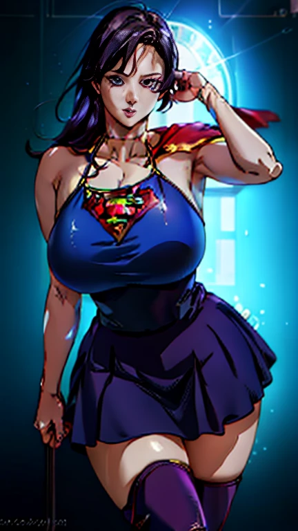 (     top quality ), (     top quality ), (Overall view), Backstreets,Supergirl with a sexy body,  Big Breasts, Beauty,         plump lips   ,     halter neck tops   ,      short skirt   , Cape,     boots, low top     