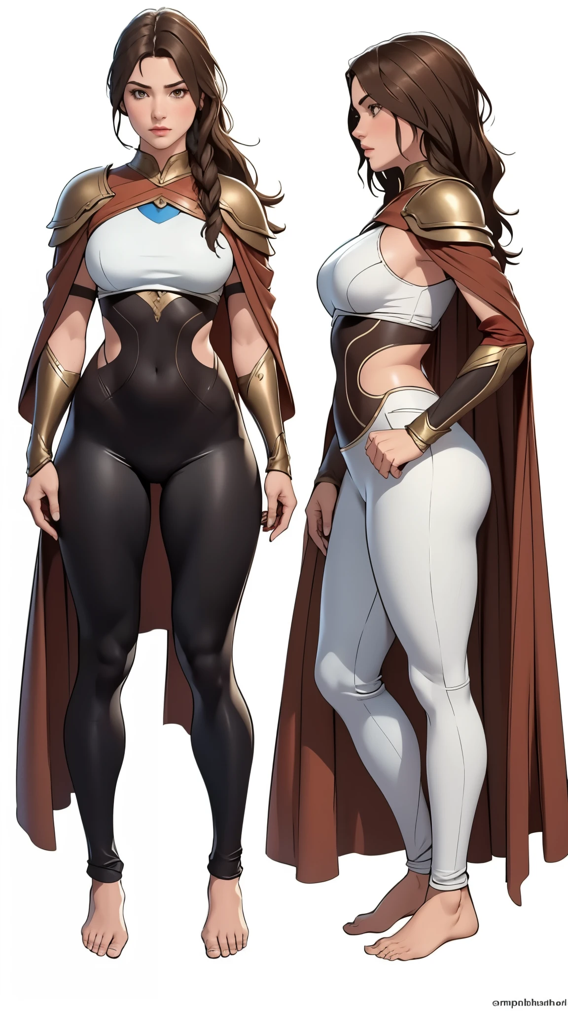 Detailed character sheet, Front view, Side view, Oblique view, with a white returnground, show women, 30 years old, with short dark brown hair combed return, 1 female warrior, Wavy Cape, long flowing hair, Swordsman Style, Light Armor, (Earth-toned long leggings), Slim figure, Toned thighs, Tight round ass, Low angle shot, From below, The seat includes different angles, Front desk etc.., return, and Side views, Model and Reference Sheets, Full body painting. The ratio is based on 7.5 Head Scale.