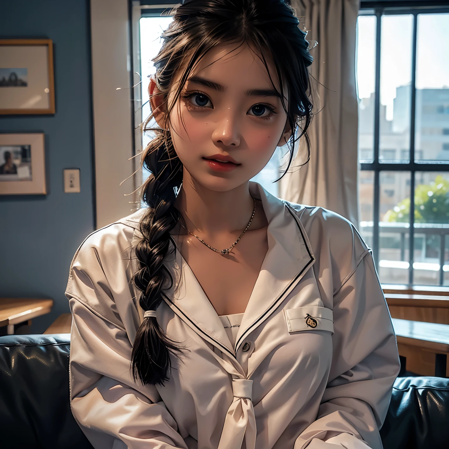 1 girl, high definition , High Quality , masterpieces during breakfast , white sailor suit, red ribbon, braided ,Super beautiful girl,dark skin, enchanting face 、Highly detailed faces、 perfect face、golden balance,Professional photography,In the city