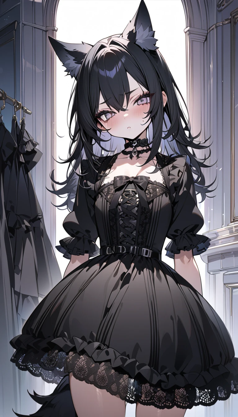 high resolution、8k、oil、1 Girl、18 years old、solo、Slim body、Gothic Lolita Fashion、Gothic Western-style buildingのホールに立っている、Cowboy Shot、Watching the audience、(Yellow Eyes、Slit eyes、Dark eyeshadow:1.3)、Silver straight long hair、Trimmed bangs、Tightly knotted mouth、Ear piercing、choker、Black and white gothic corset dress、Gothic decorated dress、Tulle lace、Black Ribbon、Tattoo on arm、bandage、Torn striped stockings、Patent leather high heel boots、Gothic Horror、Terror、skull、Rose、Gothic Western-style building、Murder scene、Dynamic Angle、Fighting Pose、
