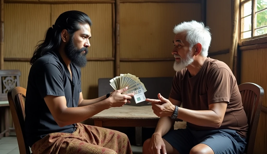 ((ultra-realistic photo)) [A 30-year-old man with a long black beard, wearing a black shirt and a brown batik sarong, sits across from a 50-year-old man with white hair. The younger man has an intimidating expression, his eyes narrowed, and his posture exudes dominance as he holds out a bundle of Indonesian rupiah notes toward the older man. The older man, dressed in a brown T-shirt, maintains a calm, friendly demeanor, gesturing with one hand as if to accept the money with warmth and politeness. The scene takes place in a modest living room with simple wooden furniture, including an old wooden table and chairs. The walls are made of woven bamboo, reflecting the rustic charm of a rural Indonesian home. The lighting is soft, from the fading natural light of late afternoon, casting long shadows and creating a warm yet tense atmosphere. The textures of the bamboo walls, furniture, and clothing are captured in 8K resolution, enhancing the realism of the interaction and the humble setting.]