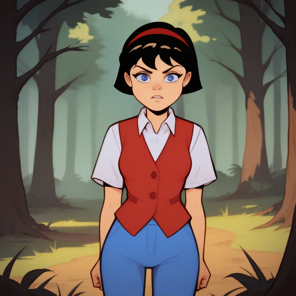 score_9_up, score_8_up, BREAK, Bea, 1girl, solo, black hair, short hair, blue eyes, red headband, shirt, vest, blue pants, cowboy shot,  forest, arms at sides, looking at viewer,