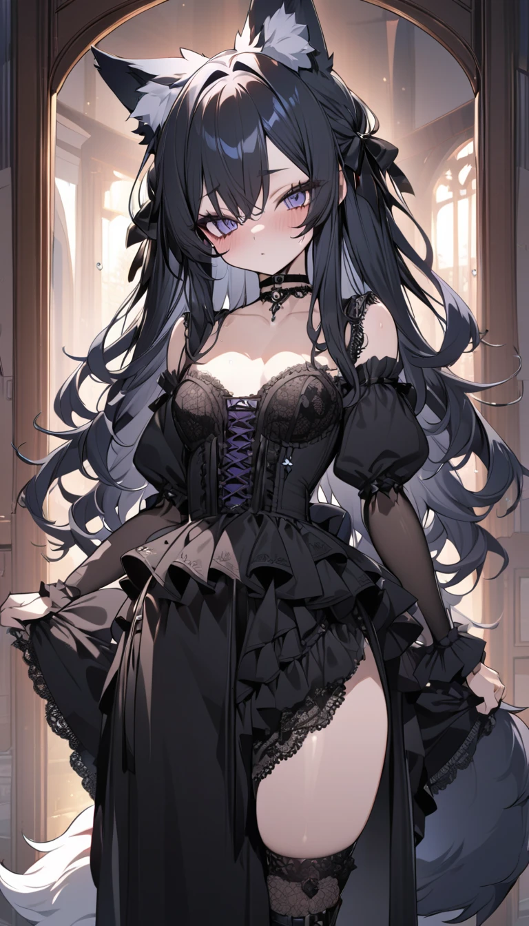 Highest quality、Very delicate and beautiful、8-year-old 、Flat Chest,Primary school students、Black-haired、光沢のあるブラックFrillsロングドレス,Princess,(Large lace trimmed panties),Frills,Gothic style,garter belt,Lace Stockings,Royal Family、Kurkuru Twin Tail、Laughter、Happy,(((Panties looking up from directly below))),Frills