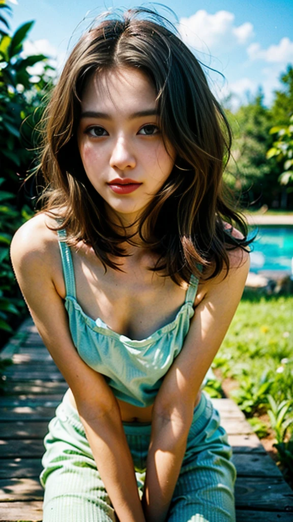 A high detailed photography for a white skin green eyes round lips and round tits and ass girl in skirt in front of a house in the woods