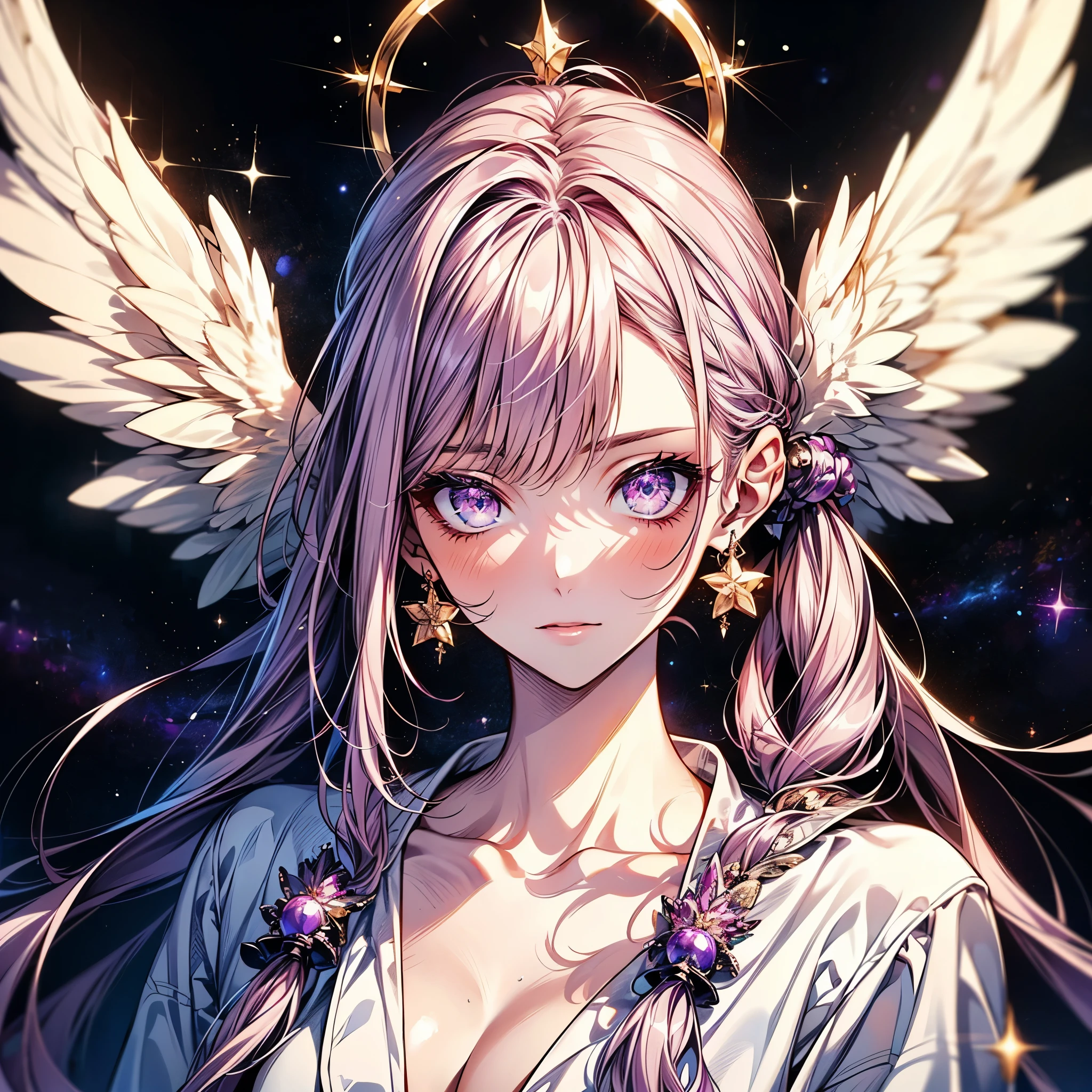 (((bright purple space background ))), Purple star , red galaxy , (((( very detailed skin , very clean skin )))), medium bust:1, mature 25 year old woman, sexy expression, Beautiful hair, beautiful face, beautiful detailed eyes , beautiful body (8k, best quality, masterpiece:1.2, Very detailed), Purple hair, white angel wings , (( wearing a plain white bathrobe on her bare body, A clean neck)), ((bangs)) ( pigtails , very long hair ), Angel's halo , (( sparkling purple eyes )), bust, (pretty eyes), (purple color hair)