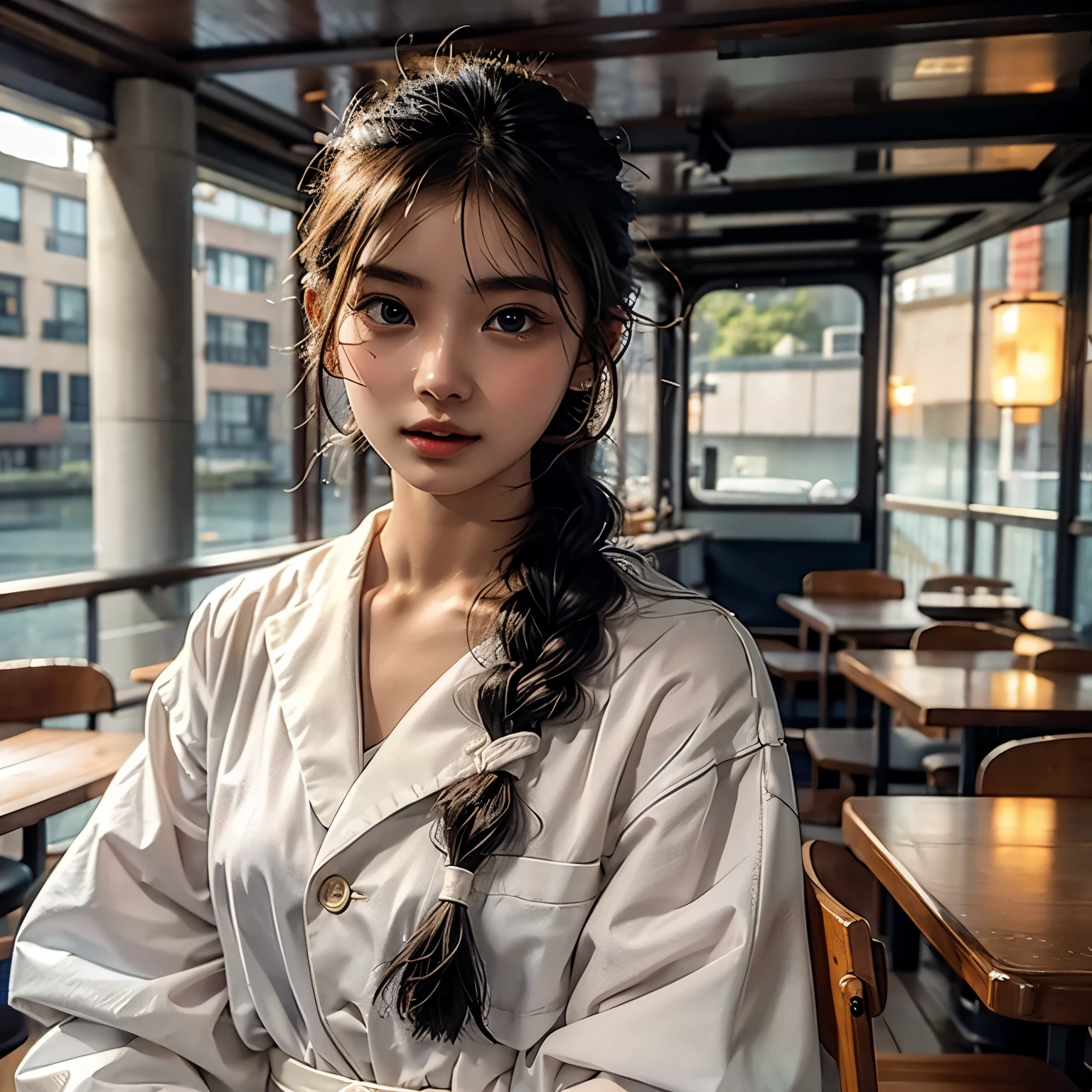 1 girl, high definition , High Quality , masterpieces during breakfast , white sailor suit, red ribbon, braided ,Super beautiful girl,dark skin, enchanting face 、Highly detailed faces、 perfect face、golden balance,Professional photography,In the city