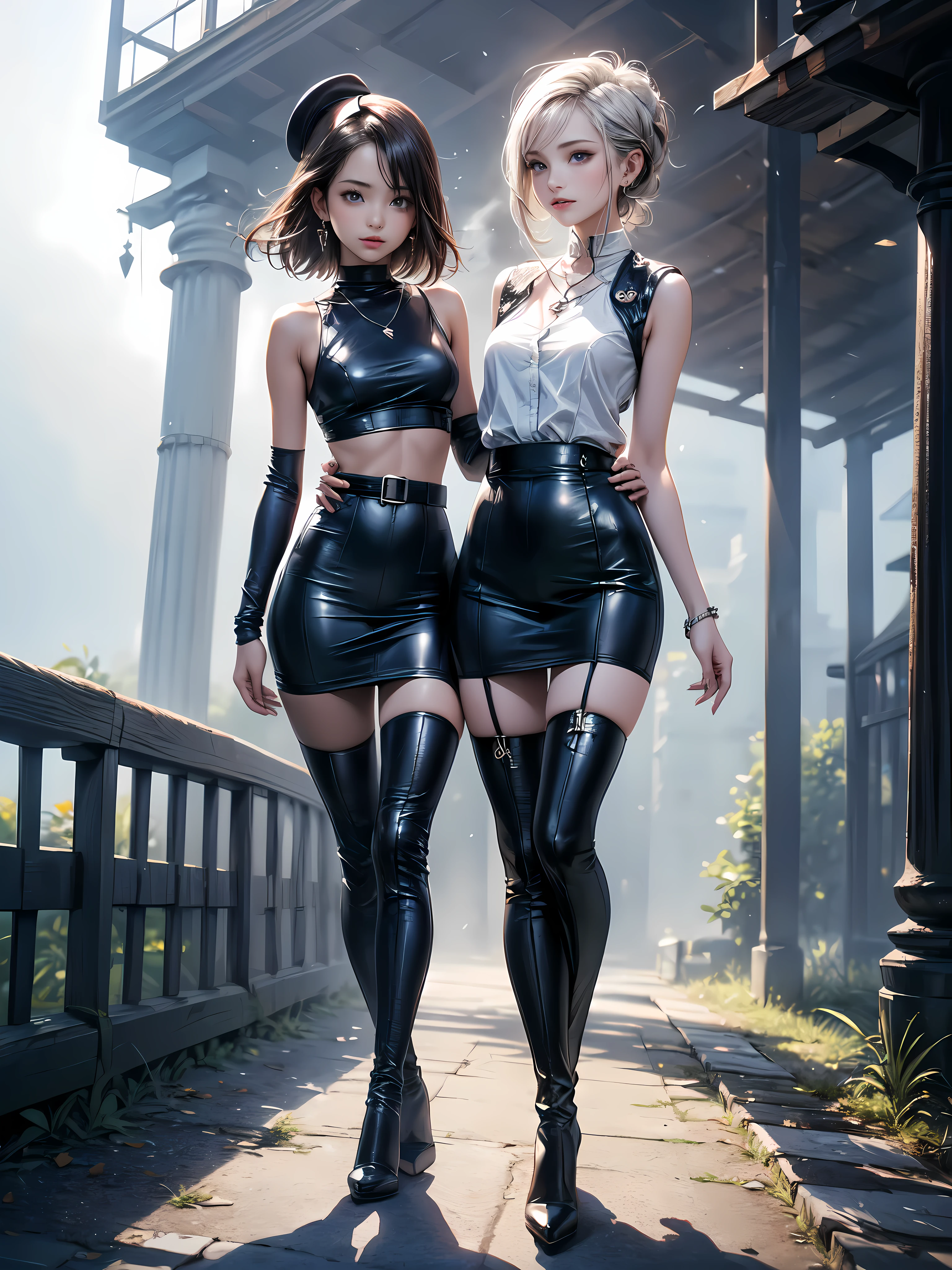 (Biologically correct limb count:2.), (From head to toe:1.2), Full-body photo including face, 4K, (Standing position), masterpiece, (Focus on the face:1.2), (Symmetrical facial features:1.5), Eyes with detailed description, Beautiful woman, Great style, Beautiful arms, Beautiful legs, Beautiful Hands, (Small Ass,Thin thighs), Facial detailing, Small earrings, necklace, (Rubber Y-shirt, mini skirt, (High heels:1.5, (Patterned stockings:1.3), (Meet at the station), (Black Hair:1.5), Realistic photo, 25-year-old woman