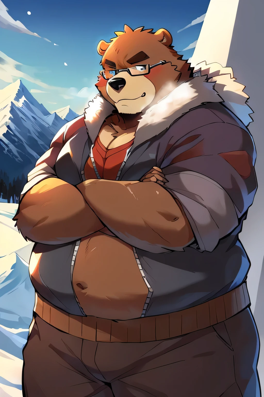 （（obesity、 Being overweight 、Being overweightのの顔 、 He was wearing glasses.、  dark brown fur））（The Bear Beast Man )(Ski、Winter sports 、 snowy mountains、Powder snow 、Ski wear、Very warm figure 、lover、boyfriend）