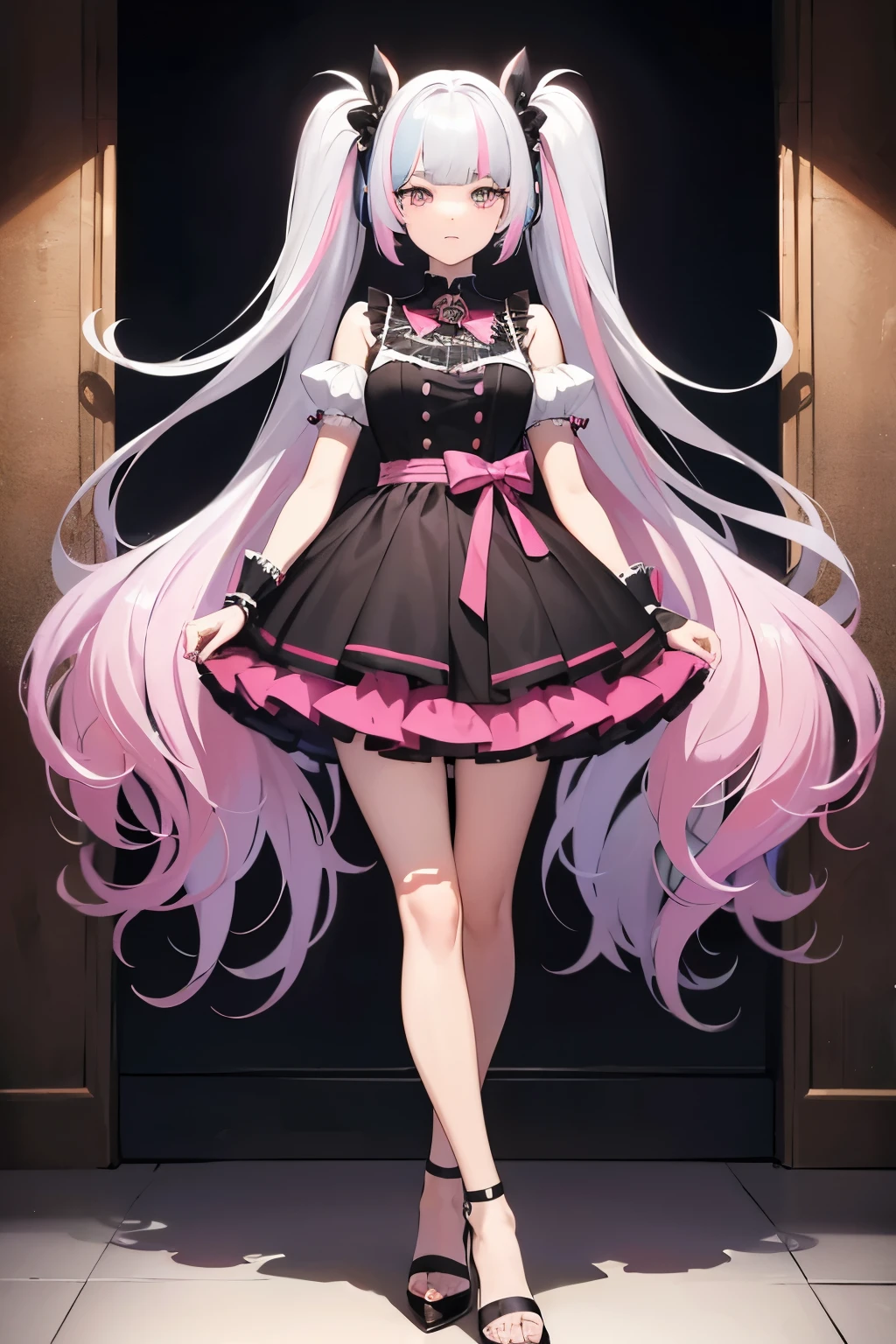 full body,blunt bangs,straight hair,Multicolored Hair,  shiny hair, hair,  twin tails,Silver Hair, hair on left hand pink hair ,  idol dress , multicolor eyes , 超 high definition ,   masterpieces during breakfast ,  anatomically correct,  super detailed,   high detail ,  High Quality , 最 High Quality ,  high definition , 16k