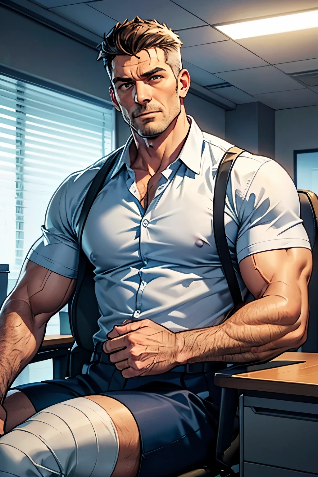 A handsome, muscular middle-aged mature office worker man with bandaged his broken left leg is sitting on the chair in office, working in the desk, He has a serious expression