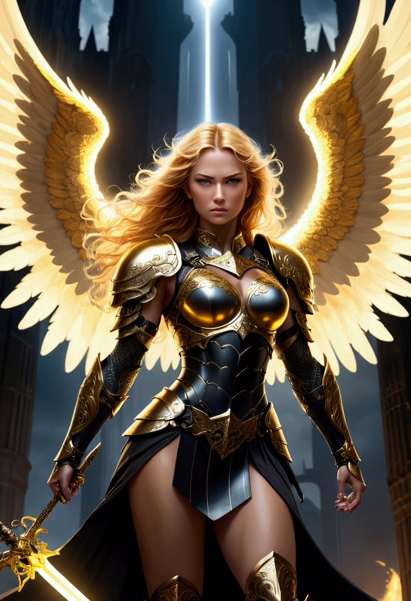 vectorial art style,glorious victory scene,vivid colors,beautiful vintage warrior female angel,beautiful angry face,curly long hair,very big white open wings,looking to with observer,white armor with gold embroid details, dynamic angle, storm sky and lightning clouds background
