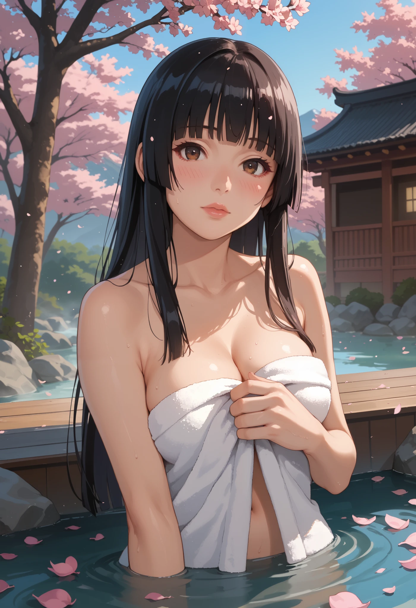 ((masterpiece,Highest quality:1.3,best quality illustration)), 独奏,1woman,(成熟したJapan人の美女)、black hair,long hair,blunt bangs,black eyes,gorgeous eyes,((very small head:1.3)),blush,relax,((very long body:1.2)),medium breasts,(tan skin:1.4), (gleaming skin,toned body,slender body, skinny),((wet)),(naked,bathing),hot spring、Japan、nsfw,