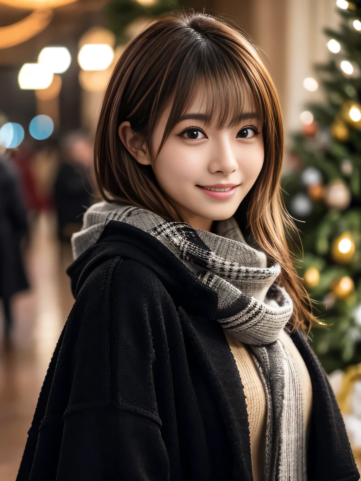 Attractive Japanese woman Pictures, Cute and sexy, masterpiece, best quality, ultra-detailed, intricately detailed hyperdetailed, realistic, sharp features, highly detailed, sharp focus, Realistic, Photorealistic:1.3, perfect face, perfect symmetrically eyes, perfect full lips, hyper detailed, hyper realistic, high resolution, Korean idol, fascinate, Beautiful Face, ((Black overcoat:1.2)), light brown hair, Beautiful hairstyle, (winter scarf), (looking at viewer), blurred background, Well-rounded and pretty face, (seductive smile:1.2), (dynamic lighting), (POV), (In front of a big Christmas tree),