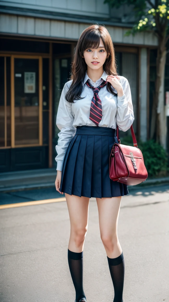 a beautiful 18 year old Japanese high school girl with perfect anatomy, healthy thighs, beautiful legs, beautiful skin, random hair color and style, large breasts, (wearing a Japanese schoolgirl uniform:1.3), (she is standing:1.2), penny loafers, holding a student bag, full body shot, standing on a city street, (best quality,4k,8k,highres,masterpiece:1.3),(extremely detailed:1.2),photorealistic,ultra-detailed,vivid colors, studio lighting, professional, Sayaka Yamamoto