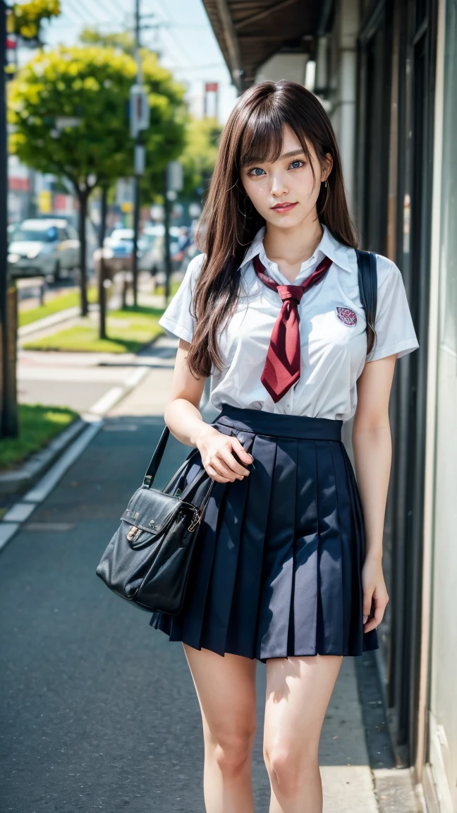 a beautiful 18 year old Japanese high school girl with perfect anatomy, healthy thighs, beautiful legs, beautiful skin, random hair color and style, large breasts, (wearing a Japanese schoolgirl uniform:1.3), (she is standing:1.2), penny loafers, holding a student bag, full body shot, standing on a city street, (best quality,4k,8k,highres,masterpiece:1.3),(extremely detailed:1.2),photorealistic,ultra-detailed,vivid colors, studio lighting, professional, Sayaka Yamamoto