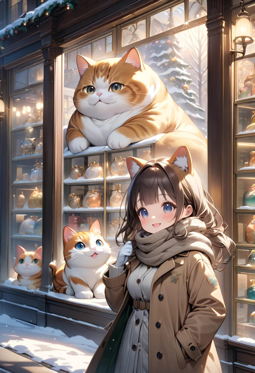 (masterpiece, ultra-detailed, best quality, clear focus, dramatic scene, cinematic), shadow, (ultra-high resolution, 8k), perfect anatomy, perfect face, (detailed face, detailed eye, chibi), cute Japanese chibi girl, famous Japanese chibi idol, very beautiful and cute and cool face, (wearing stylish winter outfit with long coat, woolen scarf and glove:1.2), (large breasts), (She is looking at the display window of the historical department store with a cute fat cat:1.3), (some large boxes of the Christmas gift and a giant fat cat is displayed in the display window), the store is gorgeously decorated with Christmas decorations, Christmas illuminations, leafless trees, snowing, beautiful winter sunlight, professional lighting, (detailed giant cat is mewing:1.3), she looks so happy, happy smile